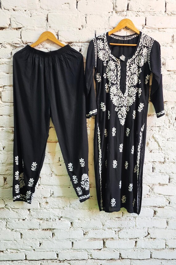 Chikankari Kurta Set with Pants Hand Embroidered Black Kurti Palazzo Set Indian Ethnic Wear Summer Cotton Salwar Kameez Women Dress