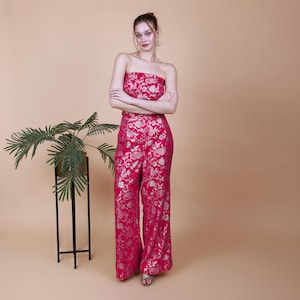 Fuchsia Pink Banarasi Silk off-Shoulder Jump Suit Dress, Indo Western Outfit for Women, Indian Wedding Festival Designer Dress