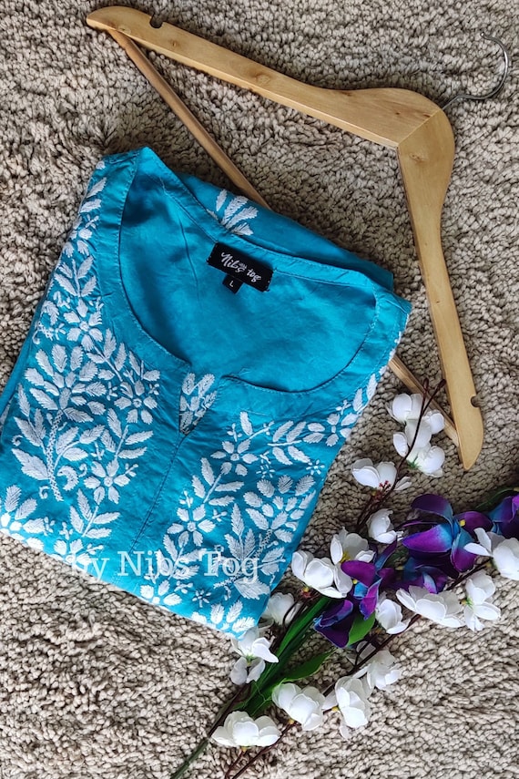 Modal Cotton Chikankari Kurta Pant Set for Women Light Blue