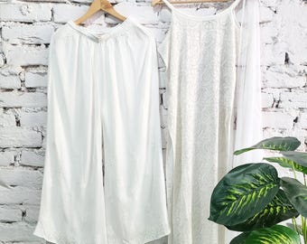 White Chikankari Kurta Palazzo Set: Spaghetti Strap Indian Embroidered Outfit