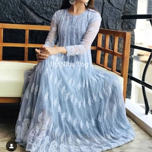 Nibs Tog Georgette Lucknowi Chikankari Anarkali Kurta 56 Kali with FREE Matching Inner