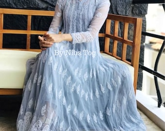 Nibs Tog Georgette Lucknowi Chikankari Anarkali Kurta 56 Kali with FREE Matching Inner