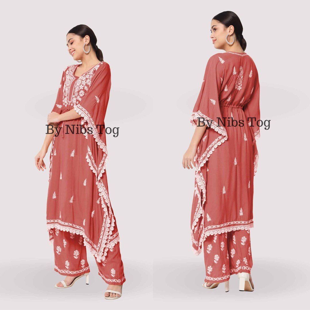 Chikankari Kaftan Dress for Women Rust, Soft Cotton Kaftans, Handmade Kaftan Dress Long, Beach