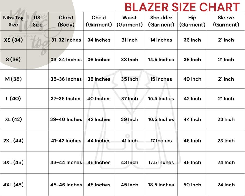 Nibs Tog Size Chart for Blazer