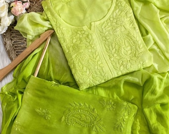 Chikankari Kurta Set Lime Green cotton Embroidered Kurti with Dupatta Suit Hand Block Lucknowi Salwar Kameez Ethnic Wear