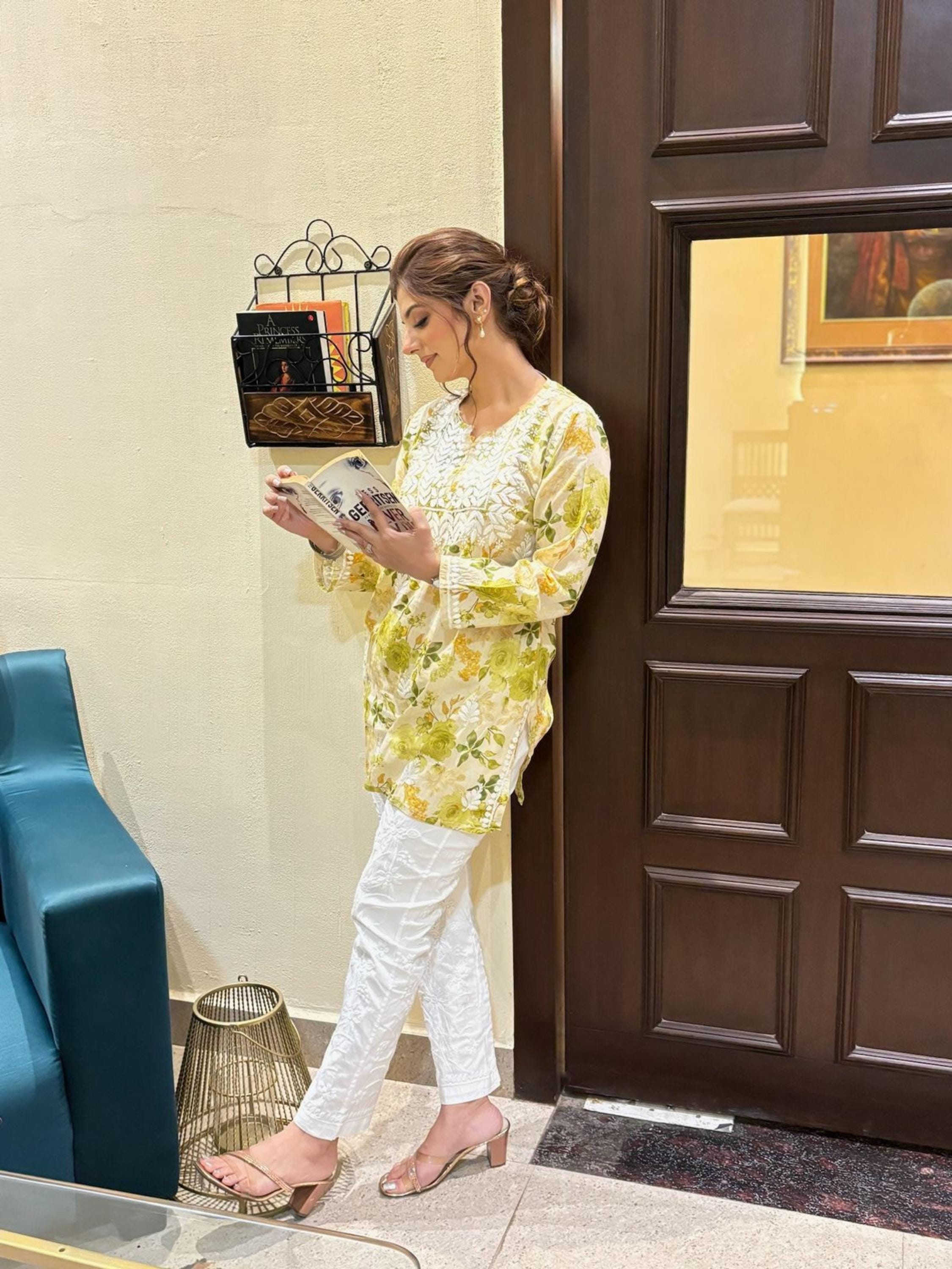 Mulmul Cotton Chikankari Short Kurta for Women, Indian Embroidered Tunic Top Printed blouse