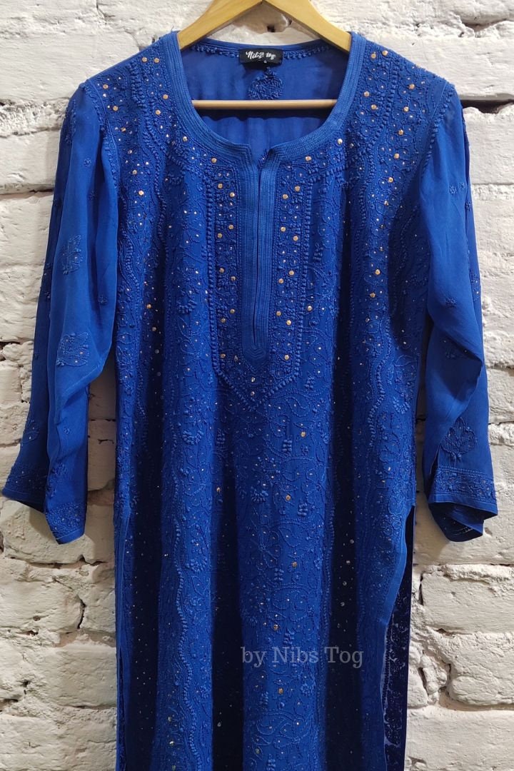 Women’s Blue Chikankari Embroidered Kurta Set with Palazzos – Ethnic Wear | Indiaista