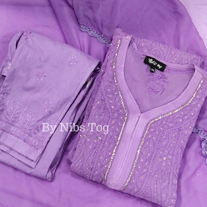 Nibs Tog Lilac Chikankari Kurta Set with Dupatta for Party Wear, FREE Inner Included, Premium Indian Wear Ethnic Kurta Pant Set