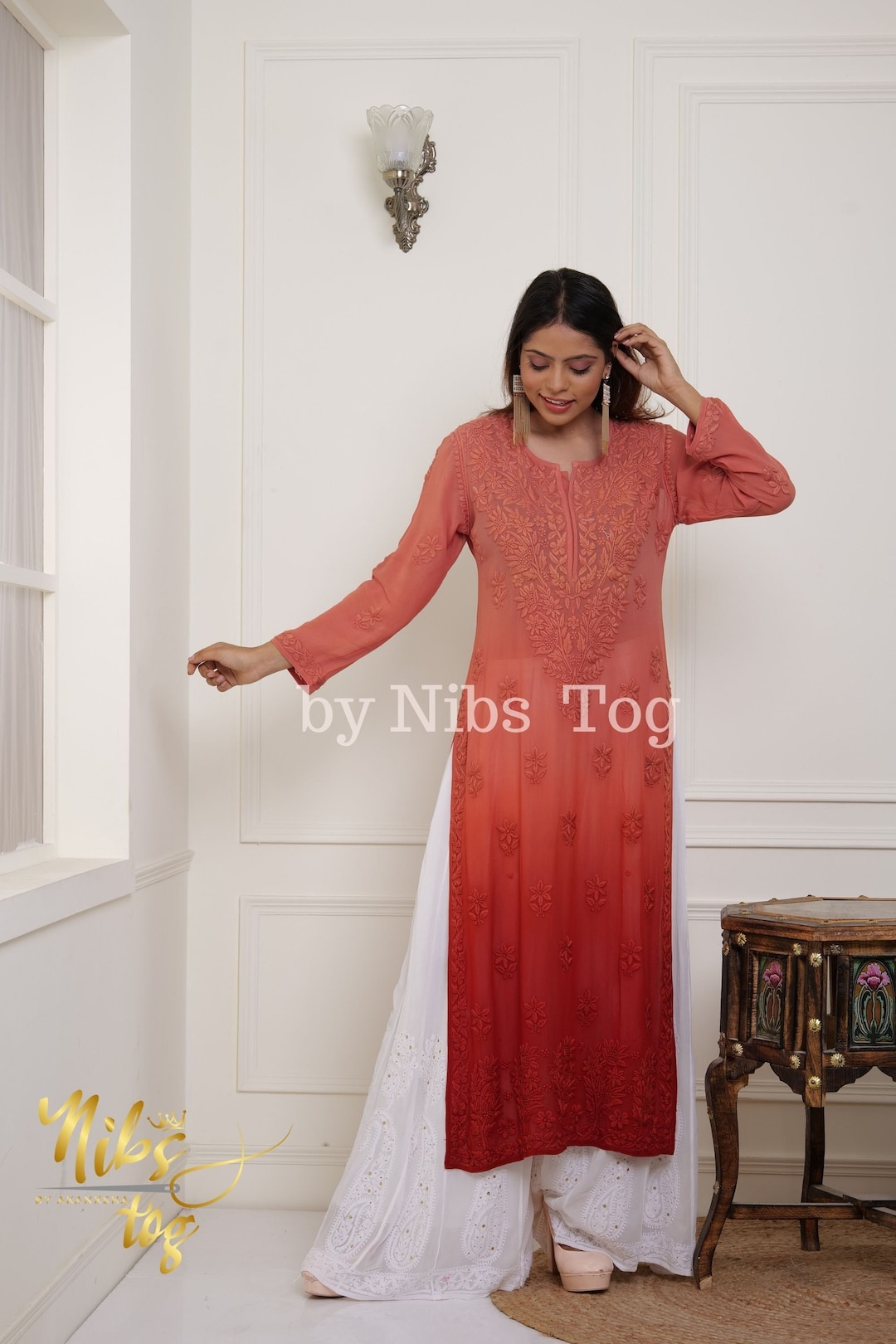 Buy Nibs Tog White Georgette Chikankari Kurta for Women With Free