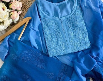 Ombre Chikankari Kurta Palazzo Set with dupatta Embroidered Indian Ethnic Dress