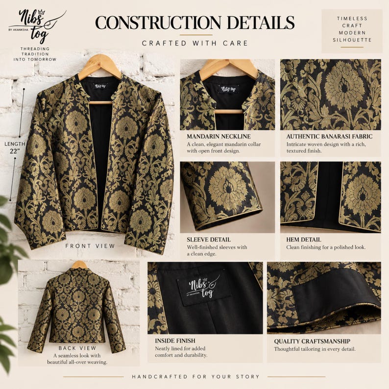 Black Banarasi Jacket for Women's Open Front Indian Jacket Brocade evening Blazer, Customizable