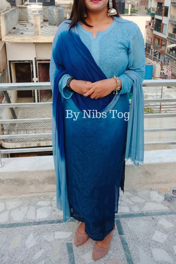 Women's Lakhnavi Handcrafted Viscose Georgette Chikankari Suit Materia –  Nazranachikan