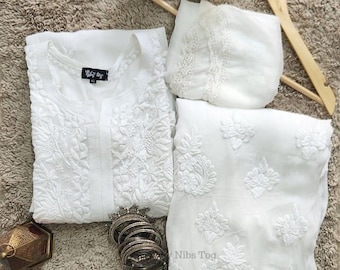White Lucknowi Chikankari Kurta Palazzo Set, 3d Chikankari Salwar Kameez with Dupatta