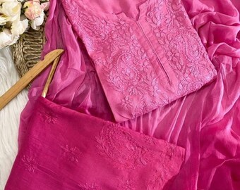 Conjunto Chikankari Kurti hecho a mano con Dupatta para mujer traje indio Salwar Kameez