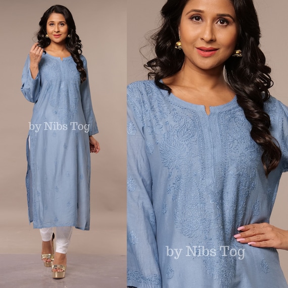 Denim Blue Chikankari Kurta for Women, Modal Silk Lucknowi Kurta, Indian  Handmade Kurta for Jeans, Kurta Pant Set -  Canada