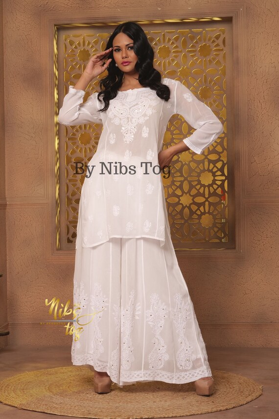 Party Wear Designer Dress White Chikankari Short Kurta Palazzo Set With Mukaish Georgette Suit Indo Western Dress for Women Etsy
