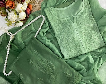 Ombre Chikankari Kurta Palazzo Set: Indian Cotton Ethnic Wear