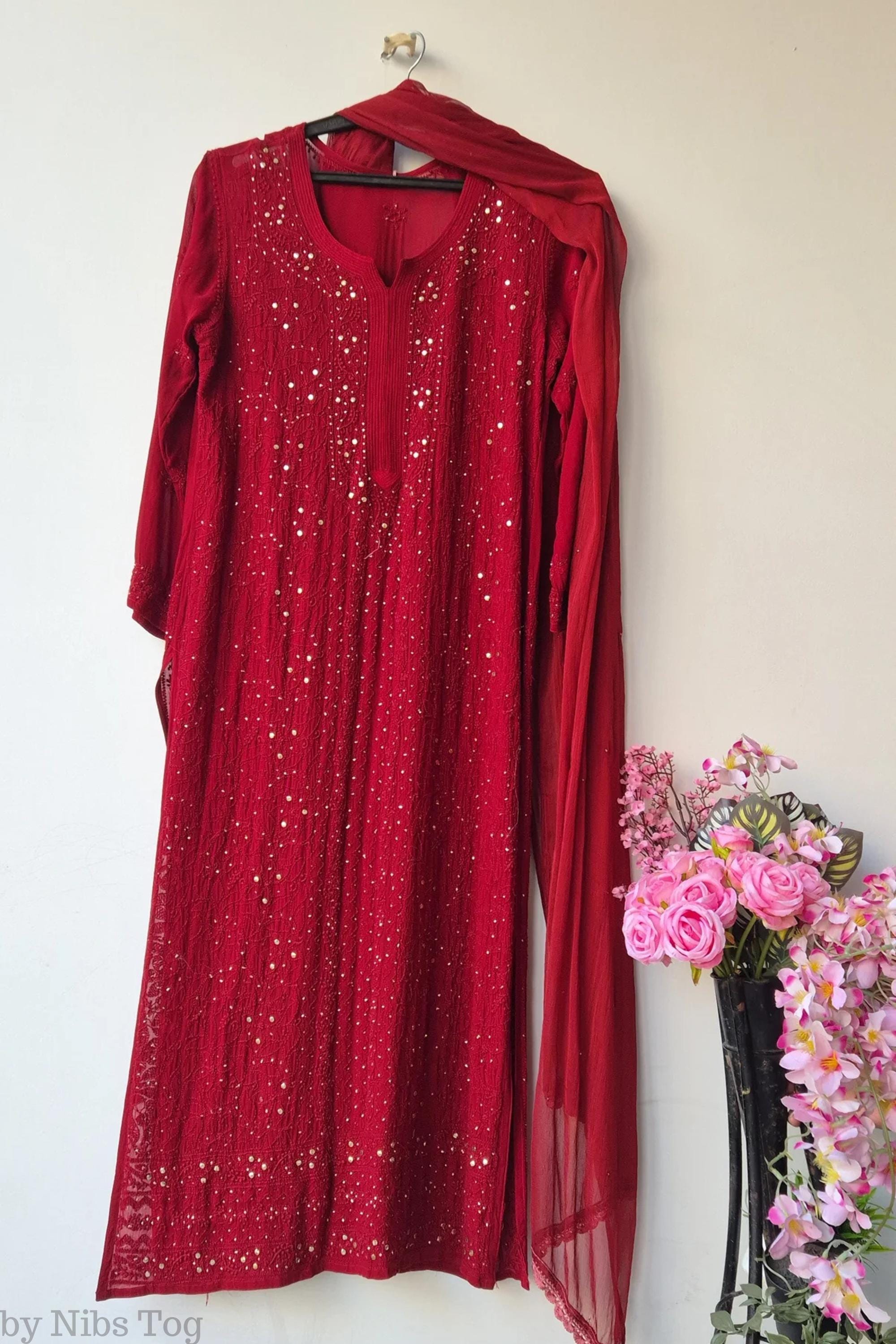 Red Chikankari Embroidered Kurta Set with Dupatta Party Wear Indian Ethnic wear suit for women