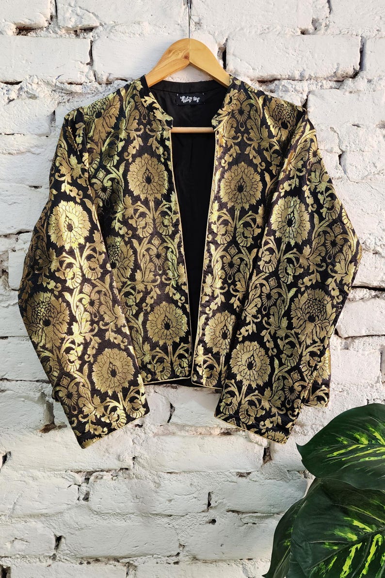 Black Silk Jacket Party wear with Golden Banarasi Weaving