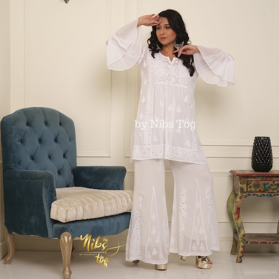 Nibs Tog White Chikankari Kurta Palazzo Set With Bell Sleeves Colour Customizable Indo Western Party Wear Outfit for Women Etsy Canada