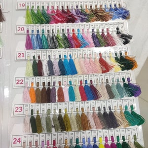 May include: A color chart of thread spools with a variety of colors, including red, blue, green, yellow, orange, and purple. The chart is labeled "NEELAM THREAD PVT. LTD." and has numbers 19 through 24 along the left side.