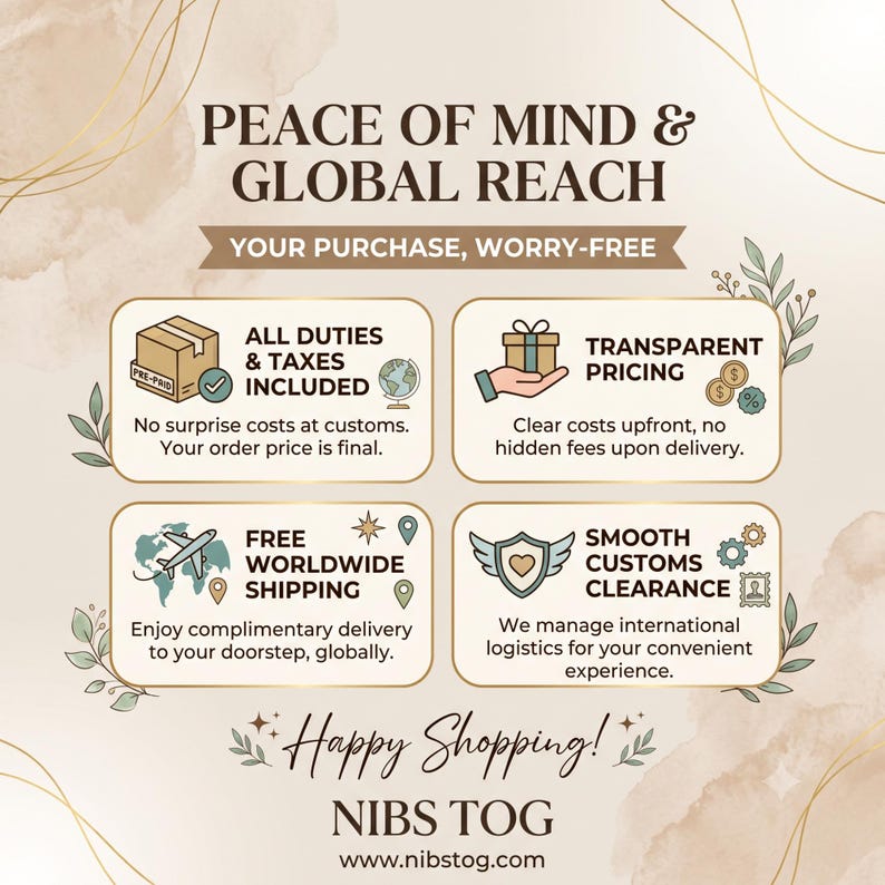 May include: An informational graphic with a beige background and gold line accents. The text reads PEACE OF MIND & GLOBAL REACH, YOUR PURCHASE, WORRY-FREE, HAPPY SHOPPING, NIBS TOG, and www.nibstog.com, alongside four boxes detailing shipping and tax policies.