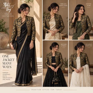Black Banarasi Jacket for Women's Open Front Indian Jacket Brocade evening Blazer, Customizable