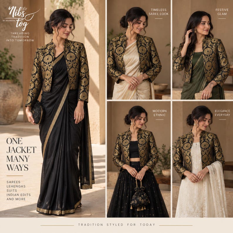 Black Banarasi Jacket for Women's Open Front Indian Jacket Brocade evening Blazer, Customizable