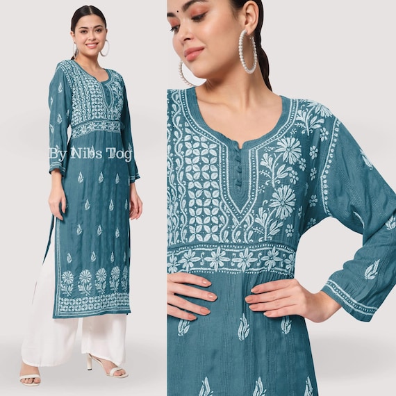 Buy Light Green Chikankari Kurta In Cotton Silk Online - W for Woman