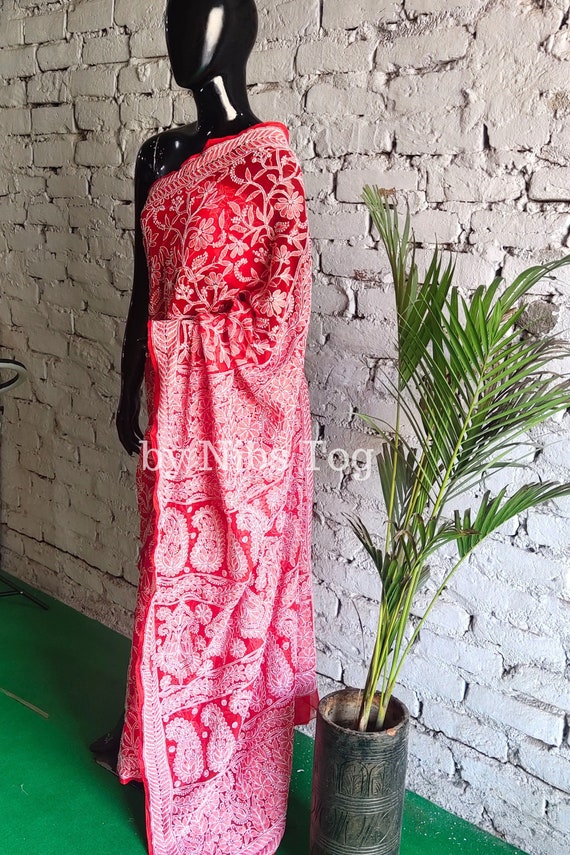 Red Chikankari Saree Georgette for Women Full Work Embroidery With Blouse,  FREE Body Shaper 