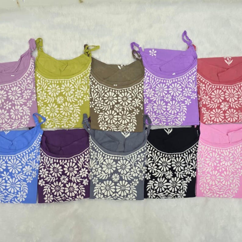 Handmade cotton chikankari sleeveless short kurti top with noodle straps, Lucknowi embroidered tunics in assorted colors.