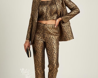 Black and Gold Brocade Blazer Suit Women | 3 Pc Coat Suit for Wedding Guest, Luxury Bridesmaid Pantsuit, Modern Ethnic Dressy Pants Suit