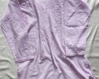 Chikankari Kurti, Lilac Lucknowi Tunic, Hand Embroidered Cotton Top, Summer Ethnic Wear, Bohemian Casual Kurti