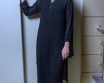 Chikankari Suit Black Georgette Kurta Set with Dupatta, Salwar Kameez Indian Wedding Wear