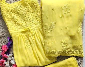 Yellow Chikankari Kurta Garara Suit Set: Handmade Indian Wedding Dress
