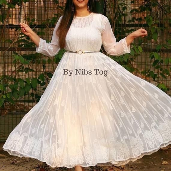 White chikankari cheap anarkali suit