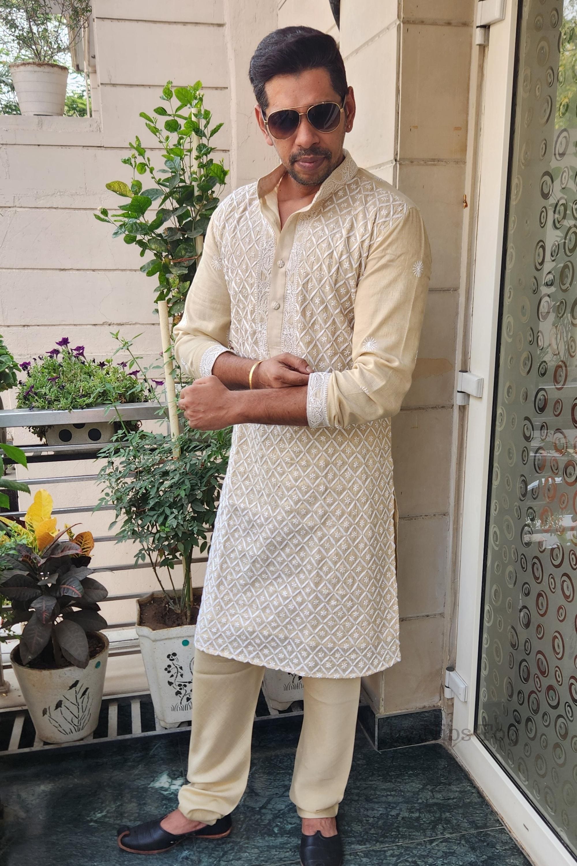 Chikankari Mens Silk Kurta With Churidar Indian Ethnic Wedding Wear - Etsy  Canada