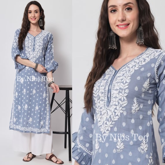 Light Blue Officewear Yoke Pattern Mul Cotton Chikankari Kurti – winkandwish