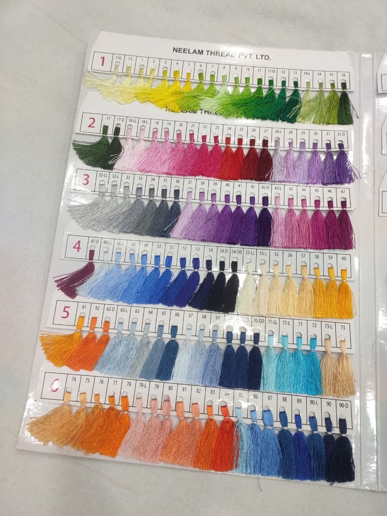 May include: A color chart of thread samples, with each color numbered and organized in rows. The chart is labeled "Neelam Thread Pvt. Ltd."
