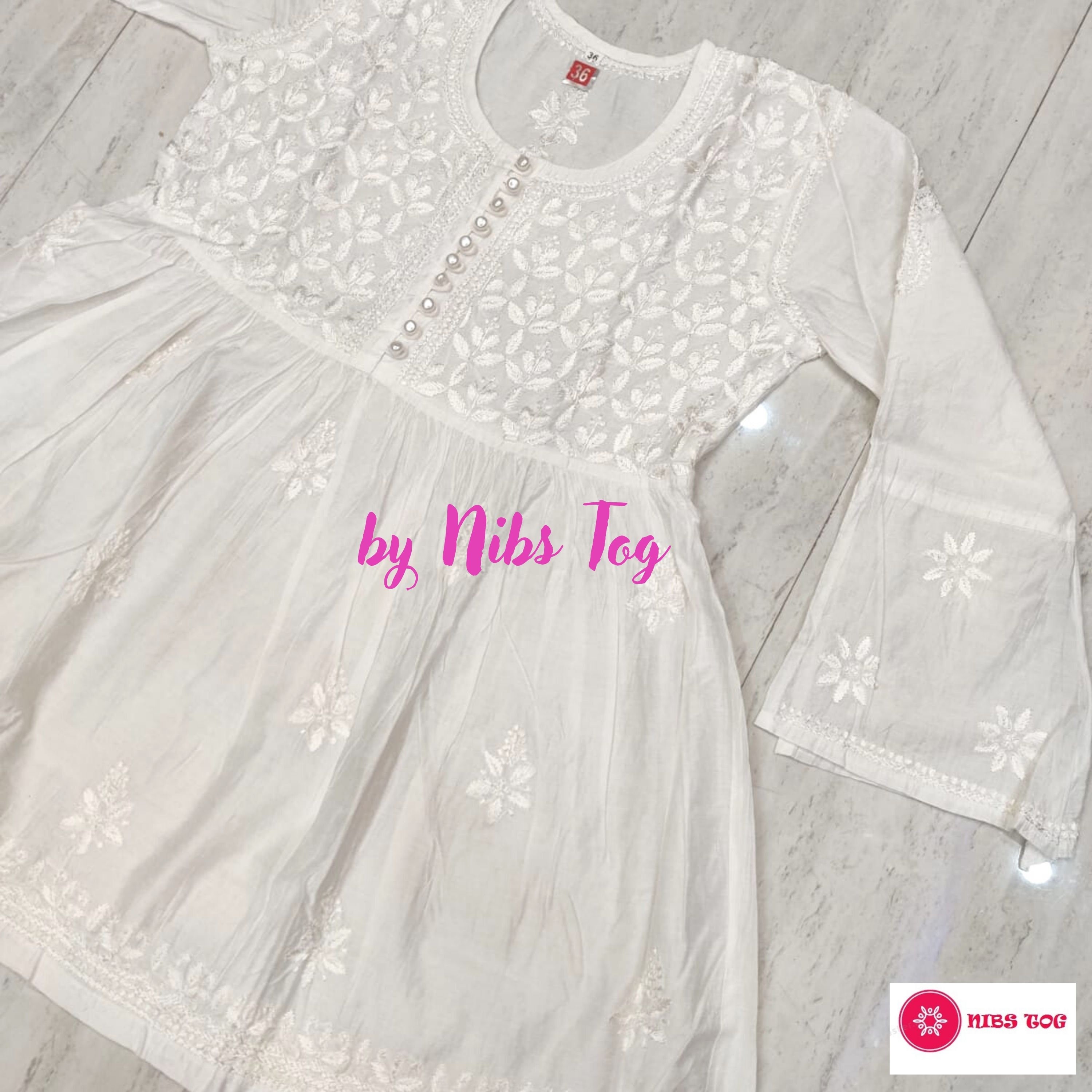 Chikankari White Short Top Silk Kurta 