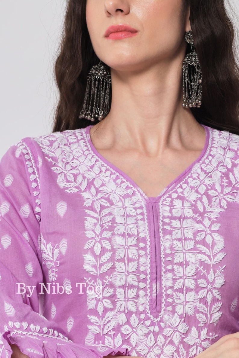 Nibs Tog Lilac Lucknowi Chikankari Kurta Cotton for Women With Frill