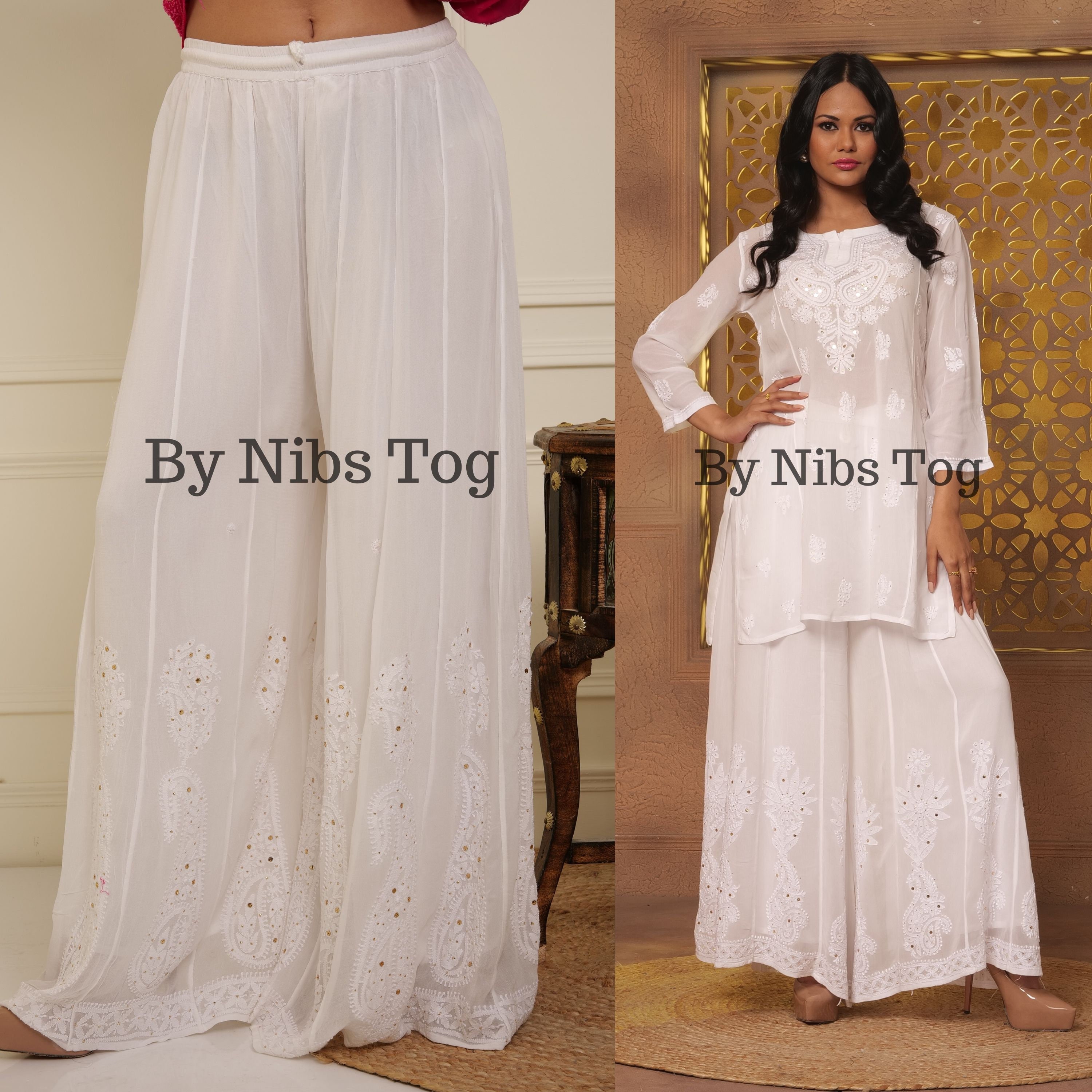 URV Soft Rayon Gota Patti Flared Sharara Pants for Girls & Women-White :  Amazon.in: Fashion