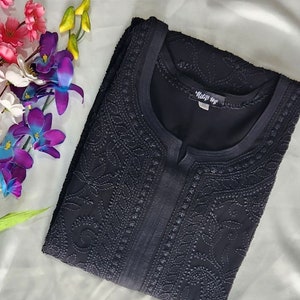 Handgemaakte zwarte Chikankari Kurta Georgette met rechte binnenkant, Indiase etnische kleding