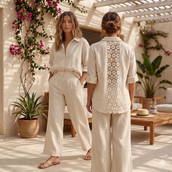 Ivory Linen Two Piece Set: Relaxed Fit Button Down Shirt, Wide Leg Pants