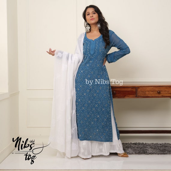 Original Lucknowi Chikankari Semi Muslin Kurti & Palazzo set. | Haniyat  Attire