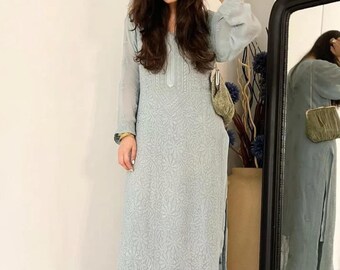 Chikankari Kurta Set for Women Powder Blue Georgette Kurti with Palazzo Hand Embroidered Lucknowi Suit Ethnic Wedding Wear