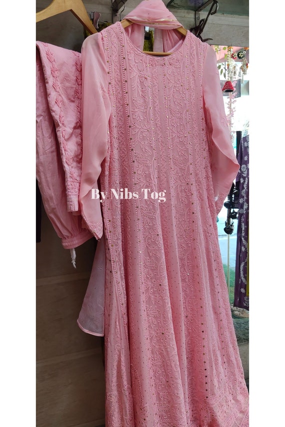 Handmade Chikan Kari Anarkali Suit Set, Lucknowi Indian Wedding Outfit