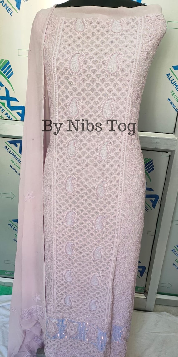 Lavangi Lucknow Chikan Pink Front Jaal Unstitched Cotton Dress Material