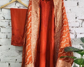 Silk Kurta pant Set with Banarasi Dupatta Rust Orange Indian Ethnic wear