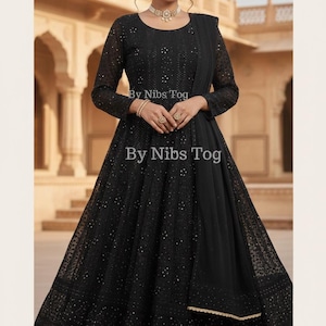Customizable Handmade Chikankari Anarkali Suit for Women : Indian Wedding Dress Black